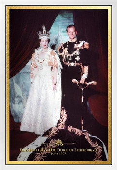 Queen Elizabeth II and Prince Philip Duke of Edinburgh Coronation Ceremony British Royal Family Crown QEII House of Windsor Monarchy White Wood Framed Poster 14x20