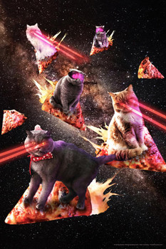 Outer Space Cats Laser Eyes Pizza Slices Flying In Galaxy Random Funny Cute Awesome Epic Fantasy Parody Kitten Cool Wall Decor Art Print Poster 16x24