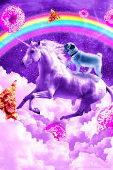 Pug In Space Riding A Unicorn Rainbow Pizza Donuts Random Galaxy Funny Cute Awesome Epic Thick Paper Sign Print Picture 8x12