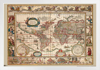 Ancient World Map Latin Illustration White Wood Framed Poster 14x20