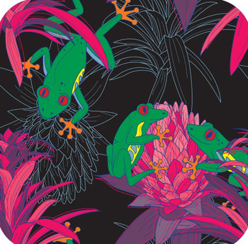 70s Retro Style Bright Tree Frog Floral Trippy Bromeliad Black  Premium Drink Coaster Resin With Cork Backing 70s Retro Style Bright Tree Frog Floral Trippy Bromeliad Black  Premium Drink Coaster Resin With Cork Backing