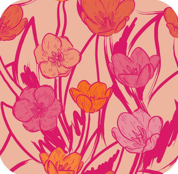 Wild And Bright 60s Psychedelic Tulips Floral Print Pink Premium Drink Coaster Resin With Cork Backing