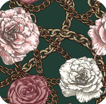 80s Retro Baroque Gold Chain With Roses Green Premium Drink Coaster Resin With Cork Backing