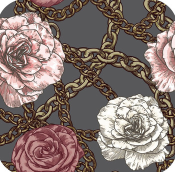 80s Retro Baroque Gold Chain With Roses Grey Premium Drink Coaster Resin With Cork Backing