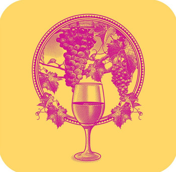 Vineyard Grapes And Wine Glass Circle Frame Yellow Premium Drink Coaster Resin With Cork Backing