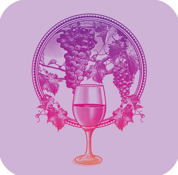 Vineyard Grapes And Wine Glass Circle Frame Lilac Premium Drink Coaster Resin With Cork Backing