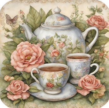 Vintage Pink Rose Patterned Teacup And Teapot Nestled In Pink Roses Premium Drink Coaster Resin With Cork Backing Vintage Pink Rose Patterned Teacup And Teapot Nestled In Pink Roses Premium Drink Coaster Resin With Cork Backing