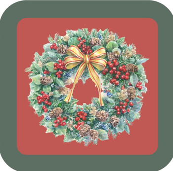 Carols Rose Garden Holiday Whimsy Wreath Decorated With Pine Cones Holly Berries Red And Gold Ribbon H-CMS493 Drink Coaster