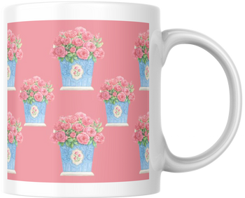 Carols Rose Garden Watercolor Pink Rose Blue Vase Flower Wallpaper Design Ceramic Coffee Mug Tea Cup Fun Novelty Gift 12 oz