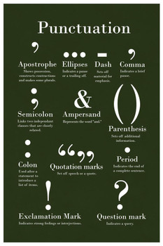 Punctuation Grammar Writing Chart Poster Green Color English Class Diagram Classroom Educational Cool Wall Art Print Poster 24x36