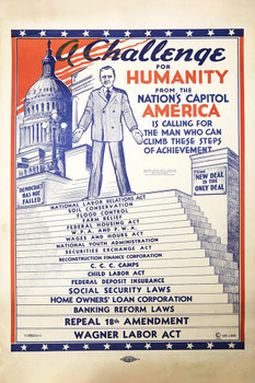 FDR Poster New Deal Wall Art Franklin Roosevelt Campaign Portrait Quotes American Retro Vintage Depression Era President Election Artwork Décor Cool Wall Art Print Poster 12x18