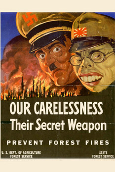 Laminated WPA War Propaganda Our Carelessness Their Secret Weapon Prevent Forest Fires Poster - 12x18