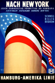 German Nach New York Hamburg Amerika Linie Ocean Liner Cruise Ship Vintage Illustration Travel Cool Wall Art Print Poster 16x24