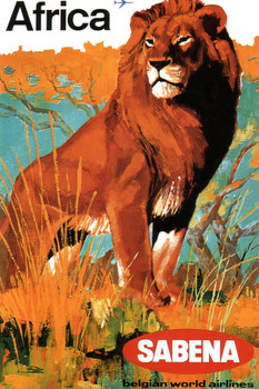 Belgium Africa Sabena Airlines Lion Wild Animal Safari Vintage Illustration Travel Cool Wall Art Print Poster 16x24