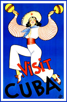 Visit Cuba Dancing Girl Maracas Havana Habana Cubano Vintage Illustration Travel Cool Wall Art Print Poster 16x24