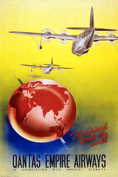 Laminated Qantas Empire Airways British Planes Around World Vintage Travel Poster Dry Erase Wall Art 12x18
