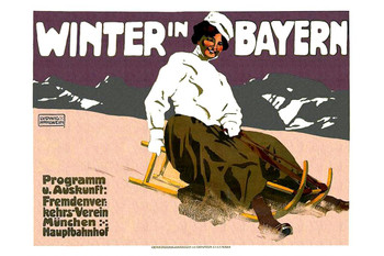 Laminated German Winter Bayern Bavaria Skiing Sledding Winter Vintage Illustration Travel Poster Dry Erase Wall Art 12x18