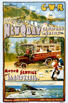 Laminated England Newquay Cardiganshire Motor Service Summer Vacation Vintage Illustration Travel Poster Dry Erase Wall Art 12x18