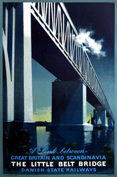 Laminated Danish State Railway Little Belt Bridge Great Britain Scandinavia Vintage Illustration Travel Poster Dry Erase Wall Art 12x18