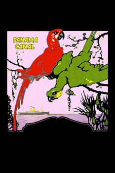 Laminated Panama Canal Tropical Birds Parrots Ocean Ship Vintage Illustration Travel Poster Dry Erase Wall Art 12x18