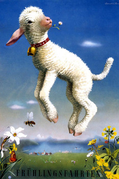 Laminated Fruhlingsfahrten Vintage Illustration Travel Sheep Posters Farm Animals Wall Art Sheep Artwork Sheep Decor Country Sheep Decor Farm Animal Pictures Wall Decor Poster Dry Erase Wall Art 12x18