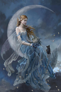 Laminated Blue Fairy Core Room Decor Grunge Wall Art Fairycore Cottagecore Poster Aesthetic Room for Teen Girl and Nursery Wall Magical Fairies Moon Sitting Home Office Poster Dry Erase Wall Art 24x36