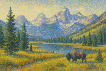 Laminated Yellowstone National Park Pointillist Bison and Mountains Wall Art Print Poster 16x24