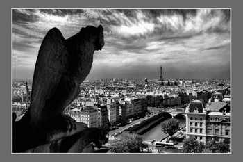 Paris City View From Notre Dame Gargoyle Black And White Cool Wall Art Print Poster 12x18