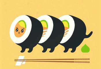 Laminated Cute Sushi Roll Cartoon Kawaii Food Art Poster Dry Erase Wall Art 24x36