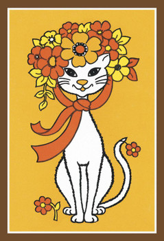 Laminated Flower Crown Cat Retro Folk Art Cute Kitty Decor Poster Dry Erase Wall Art 24x36
