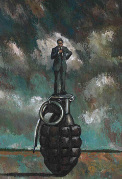 Man on Hand Grenade Vintage Illustration Risk Taking Wall Art Print Dark Humor Poster 12x18