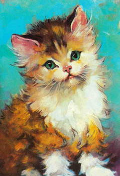 Laminated Vintage Fluffy Kitten Portrait Cute Kawai Cat Painting Style Poster Dry Erase Wall Art 16x24