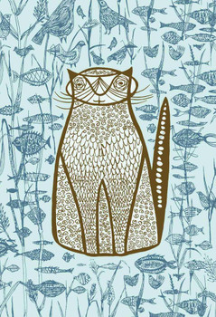 Blue Cat Fish Birds Folk Art Illustration Vintage Animal Cool Wall Art Print Poster 16x24