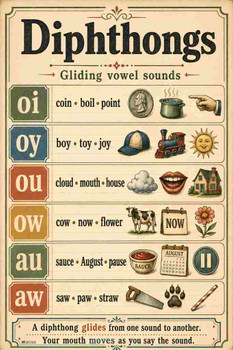 Phonics Posters Diphthongs Vintage Classroom Cool Wall Art Print Poster 12x18