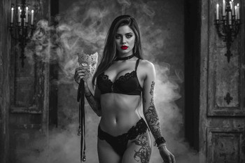 Laminated Dark Desires Tattooed Woman with Mask and Red Lips Wall Art Print Poster 12x18