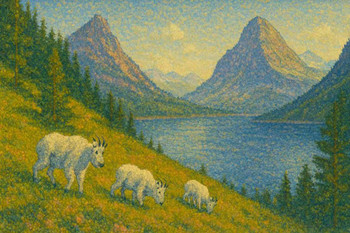 Laminated Glacier National Park Pointillist Mountain Goats Wall Art Print Poster 12x18