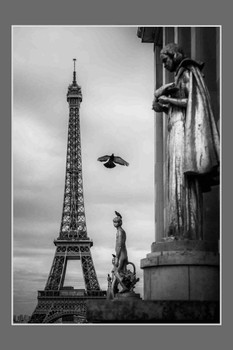 Laminated Eiffel Tower Trocadero Statues Black and White Paris Fine Art Poster Dry Erase Wall Art 12x18