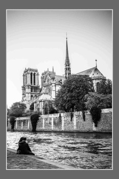 Laminated Romantic Seine River Scene Notre Dame Black and White Paris Poster Dry Erase Wall Art 12x18