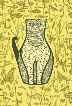 Laminated Brown Cat Fish Birds Folk Art Illustration Vintage Animal Poster Dry Erase Wall Art 12x18