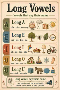 Laminated Phonics Posters Long Vowels Vintage Classroom Poster Dry Erase Wall Art 24x36