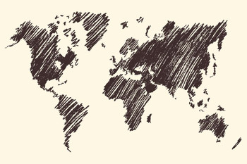 Laminated World Map Countries Sepia Sketch Art Poster Dry Erase Wall Art 24x36