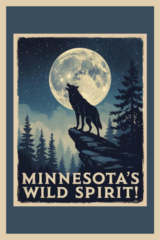 Laminated Minnesota Wild Spirit Wolf Howling At Moon Retro Travel Poster Poster Dry Erase Wall Art 24x36