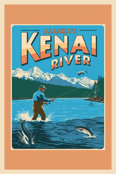 Laminated Alaska Kenai River Salmon Fishing Retro Travel Poster Poster Dry Erase Wall Art 24x36