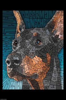 Laminated Curtis Epperson Dobermann Dog Word Mosaic Art Hand Drawn Poster Dry Erase Wall Art 24x36
