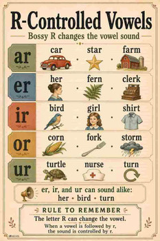 Laminated Phonics Posters R Controlled Vowels Vintage Classroom Poster Dry Erase Wall Art 24x36