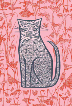 Laminated Pink Cat Fish Birds Folk Art Illustration Vintage Animal Whimsical Poster Dry Erase Wall Art 24x36