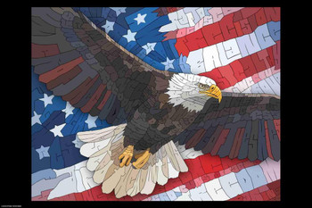 Laminated Curtis Epperson Bald Eagle Flag Word Mosaic Art Hand Drawn Poster Dry Erase Wall Art 16x24