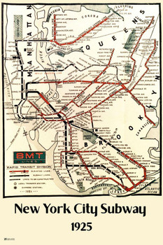 Laminated New York Subway 1925 BMT Vintage Map Print Poster 16x24
