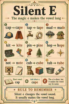 Laminated Phonics Posters Silent E Vintage Classroom Poster Dry Erase Wall Art 16x24