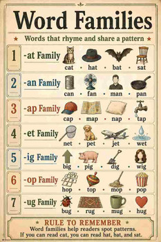 Laminated Phonics Posters Word Families Vintage Classroom Poster Dry Erase Wall Art 16x24